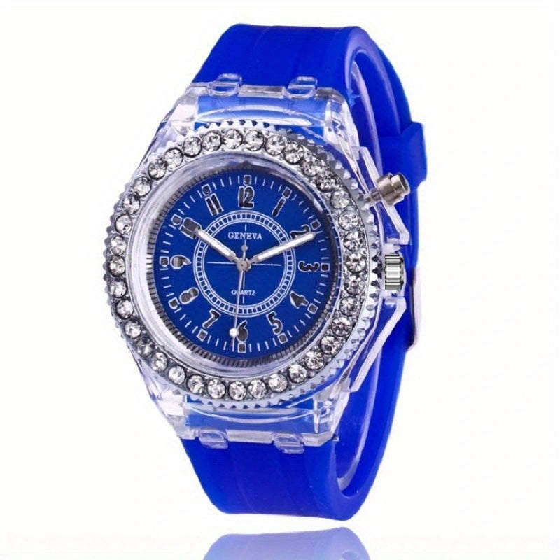 Luminous Watch Rhinestone LED Flash Couple Silicone For Women Unisex Round Quartz Sports Watch