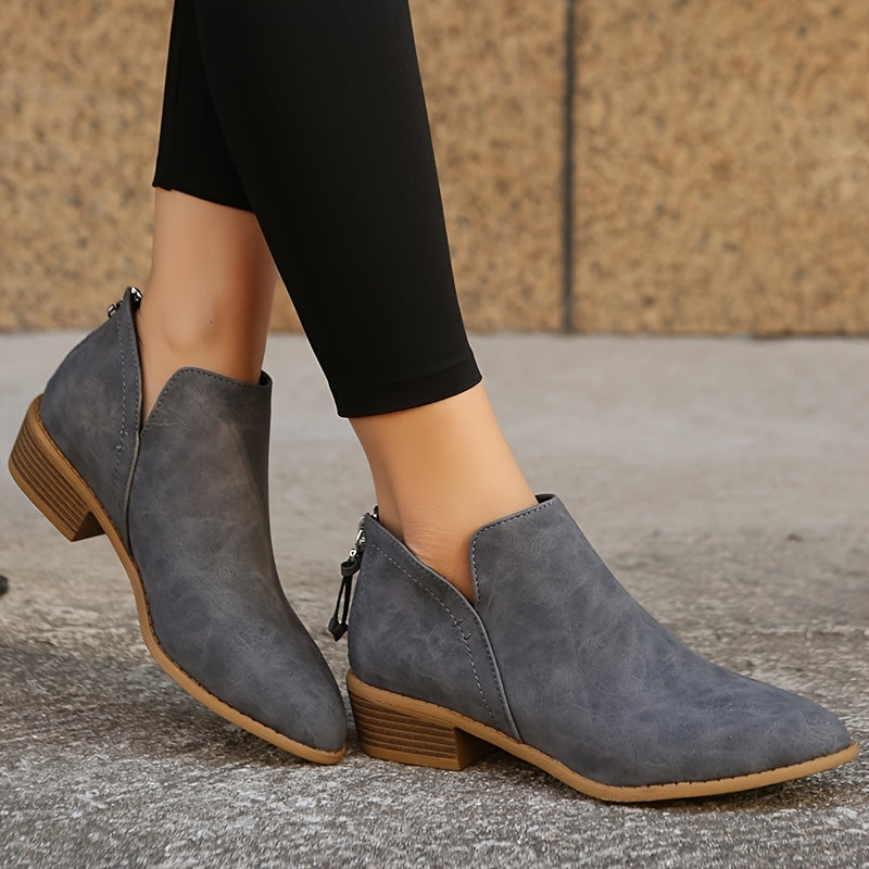 Women's Chunky Heeled Ankle V Cut Boots, Stacked Heeled Back Zipper Pointed Toe Shoes, Women's Footwear