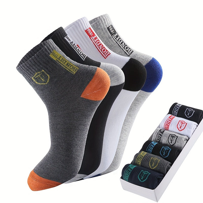 [6pcs Breathable Crew Socks Comfortable] 6pcs LIJIE Men's Breathable Crew Socks - Casual Business Style with Letter Print, Comfortable Polyester & Spandex Blend, Hand Wash Only, Assorted Colors, Versatile Dress Socks|Logo Pri
