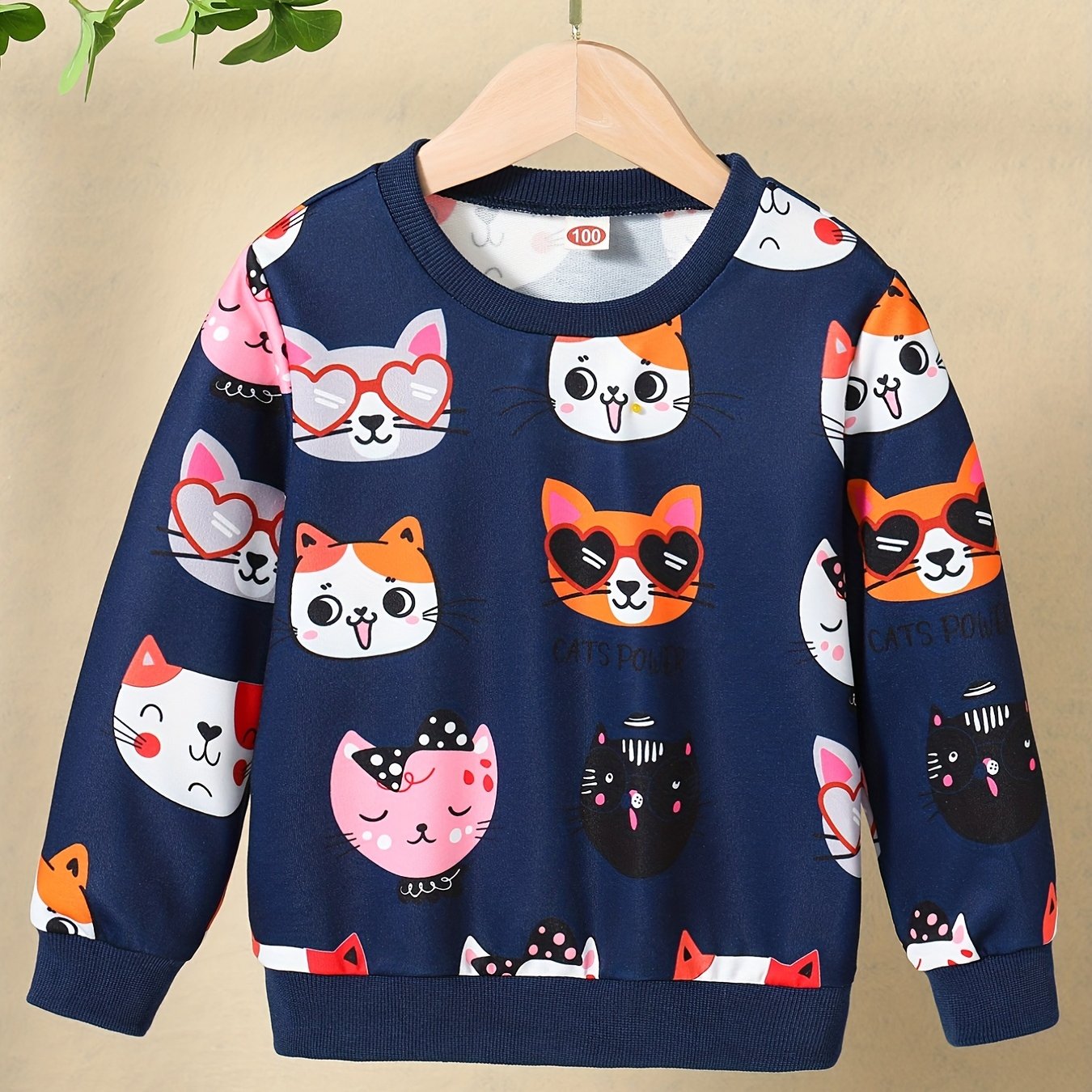 Girls Kitty Print Pullover Long Sleeve Crew Neck Sweatshirt Top Kids Fall Clothes