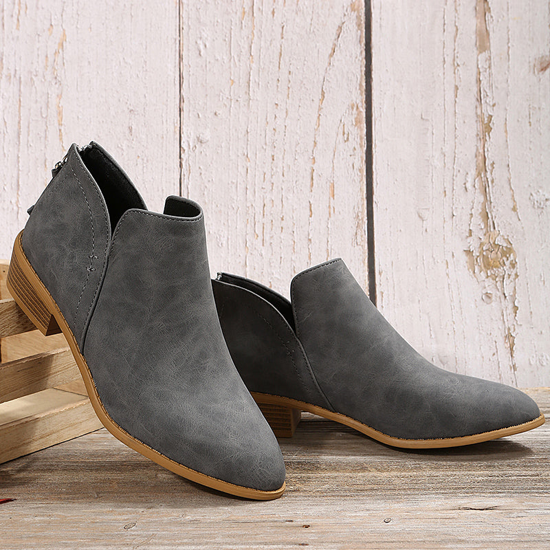 Women's Chunky Heeled Ankle V Cut Boots, Stacked Heeled Back Zipper Pointed Toe Shoes, Women's Footwear