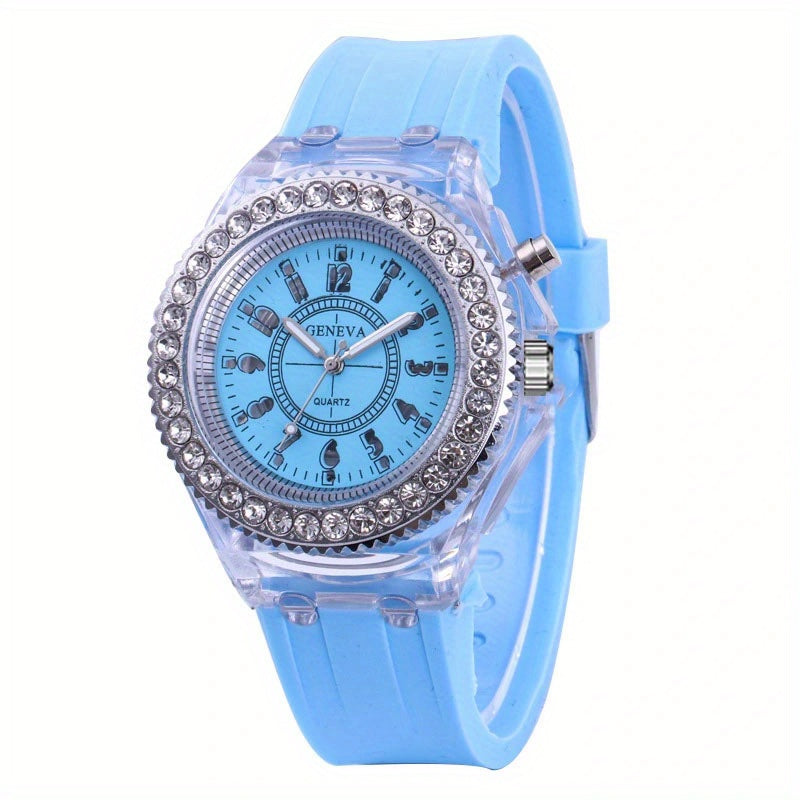 Luminous Watch Rhinestone LED Flash Couple Silicone For Women Unisex Round Quartz Sports Watch