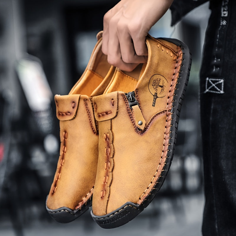 Men'S Vintage Loafers - Handmade Synthetic Shoes with Zipper Closure, Round Toe & Rubber Sole, Brown & Black Design for Casual & Formal Wear, Formal Footwear, Durable Footwear