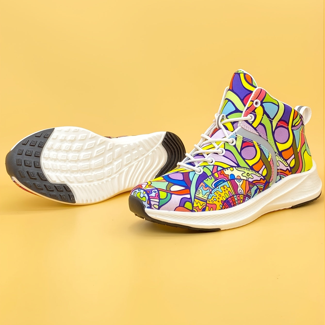 Hand-Painted Cartoon Print Women's Reflective Lace-Up High-Top Sneakers - Lightweight Winter-Ready Casual Shoes with Soft Fabric Upper & EVA/Rubber Sole for North American & Mexican Fashion