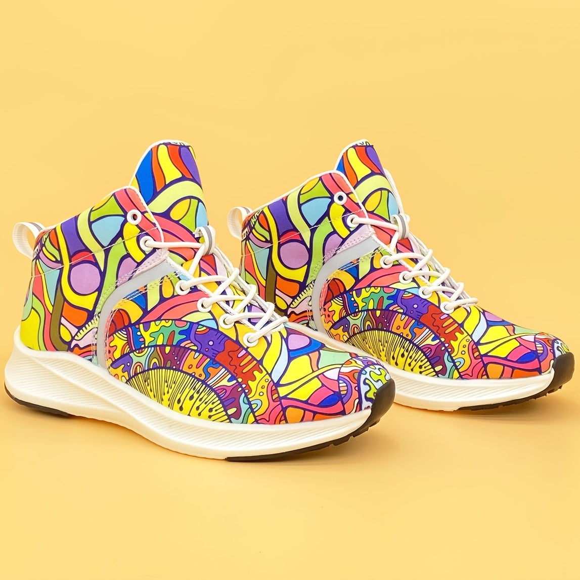 Hand-Painted Cartoon Print Women's Reflective Lace-Up High-Top Sneakers - Lightweight Winter-Ready Casual Shoes with Soft Fabric Upper & EVA/Rubber Sole for North American & Mexican Fashion