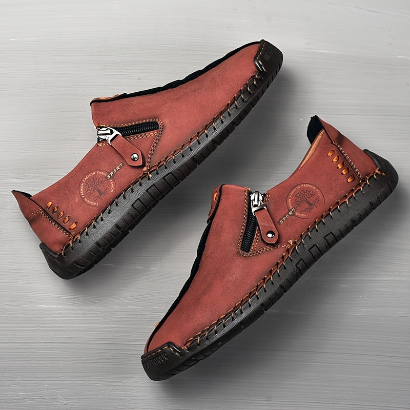 Men'S Vintage Loafers - Handmade Synthetic Shoes with Zipper Closure, Round Toe & Rubber Sole, Brown & Black Design for Casual & Formal Wear, Formal Footwear, Durable Footwear
