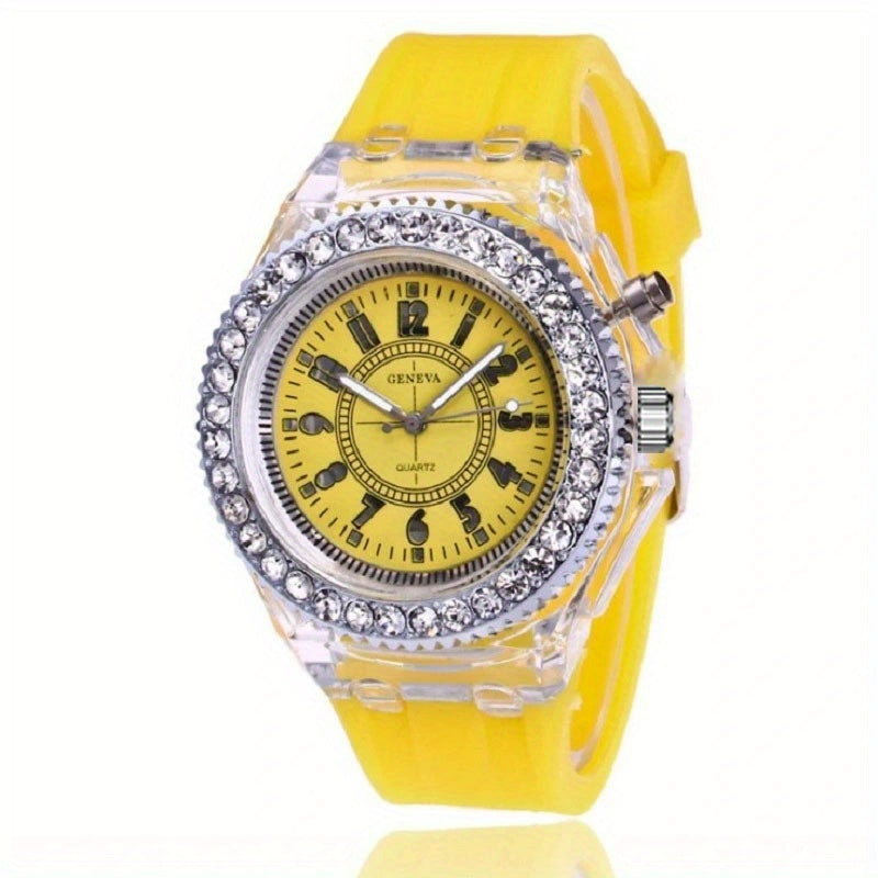 Luminous Watch Rhinestone LED Flash Couple Silicone For Women Unisex Round Quartz Sports Watch