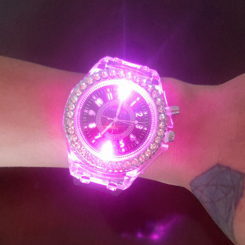 Luminous Watch Rhinestone LED Flash Couple Silicone For Women Unisex Round Quartz Sports Watch