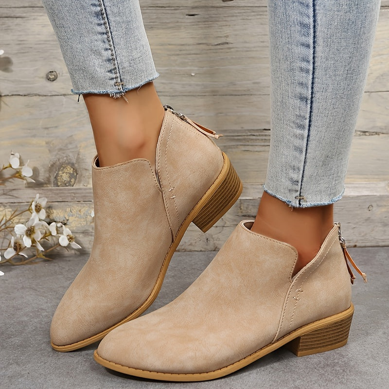 Women's Chunky Heeled Ankle V Cut Boots, Stacked Heeled Back Zipper Pointed Toe Shoes, Women's Footwear