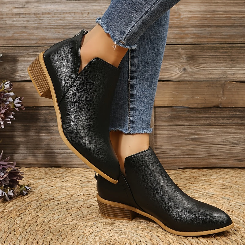 Women's Chunky Heeled Ankle V Cut Boots, Stacked Heeled Back Zipper Pointed Toe Shoes, Women's Footwear