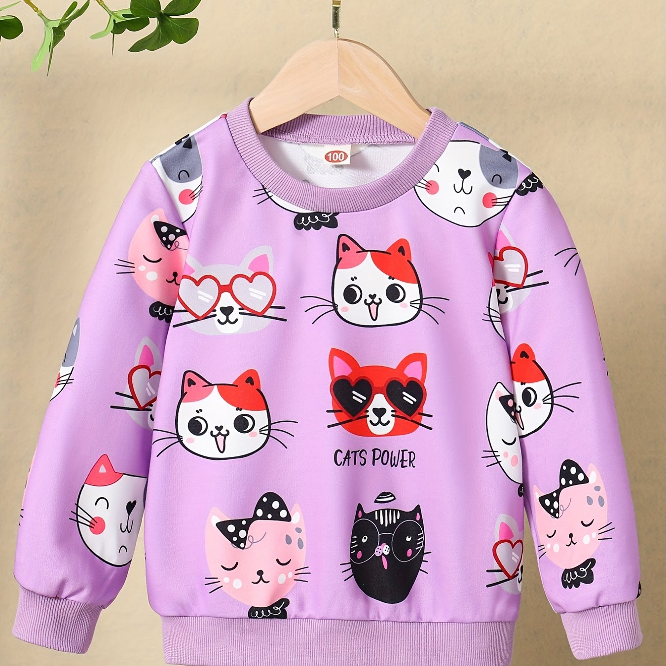 Girls Kitty Print Pullover Long Sleeve Crew Neck Sweatshirt Top Kids Fall Clothes
