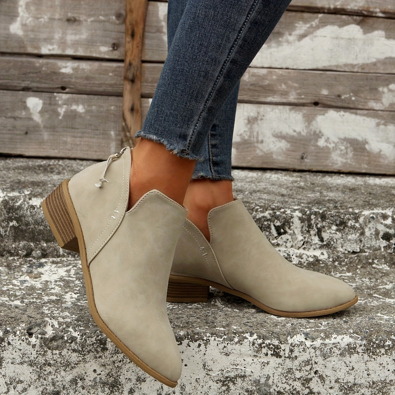 Women's Chunky Heeled Ankle V Cut Boots, Stacked Heeled Back Zipper Pointed Toe Shoes, Women's Footwear
