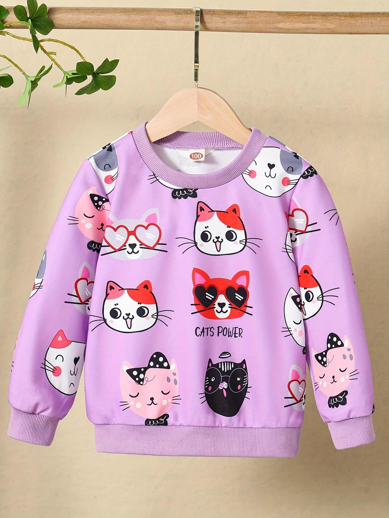 Girls Kitty Print Pullover Long Sleeve Crew Neck Sweatshirt Top Kids Fall Clothes