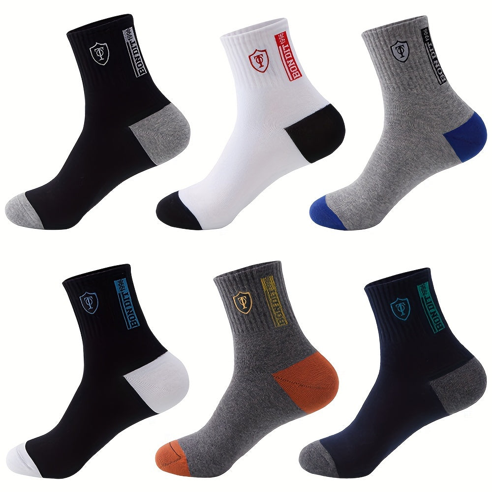 [6pcs Breathable Crew Socks Comfortable] 6pcs LIJIE Men's Breathable Crew Socks - Casual Business Style with Letter Print, Comfortable Polyester & Spandex Blend, Hand Wash Only, Assorted Colors, Versatile Dress Socks|Logo Pri