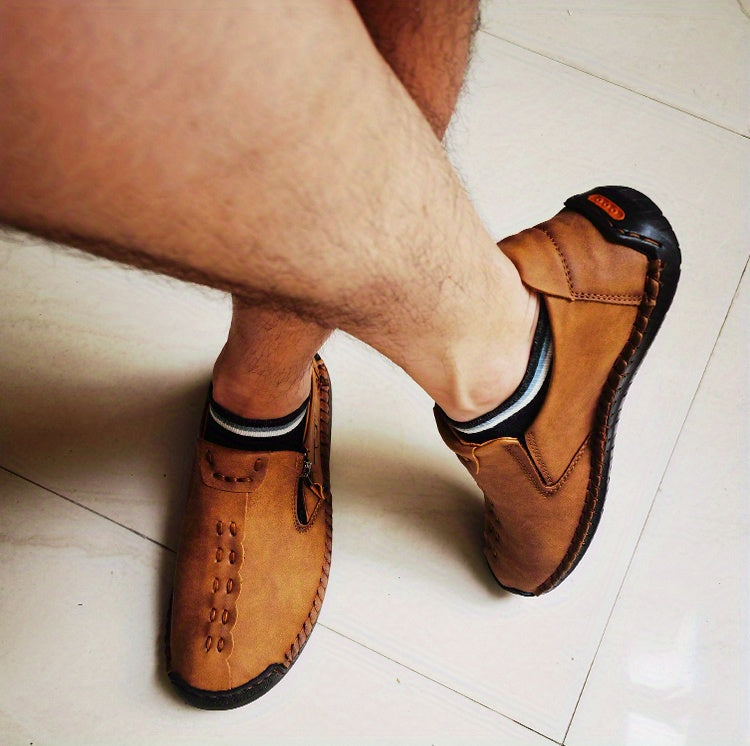 Men'S Vintage Loafers - Handmade Synthetic Shoes with Zipper Closure, Round Toe & Rubber Sole, Brown & Black Design for Casual & Formal Wear, Formal Footwear, Durable Footwear