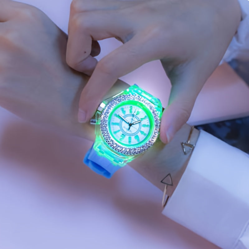 Luminous Watch Rhinestone LED Flash Couple Silicone For Women Unisex Round Quartz Sports Watch