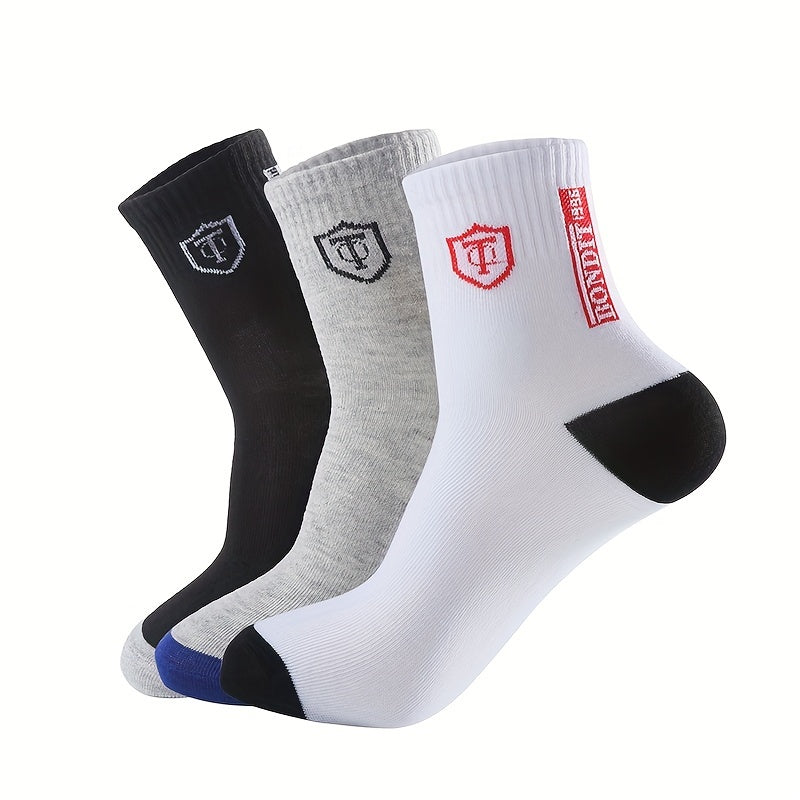 [6pcs Breathable Crew Socks Comfortable] 6pcs LIJIE Men's Breathable Crew Socks - Casual Business Style with Letter Print, Comfortable Polyester & Spandex Blend, Hand Wash Only, Assorted Colors, Versatile Dress Socks|Logo Pri