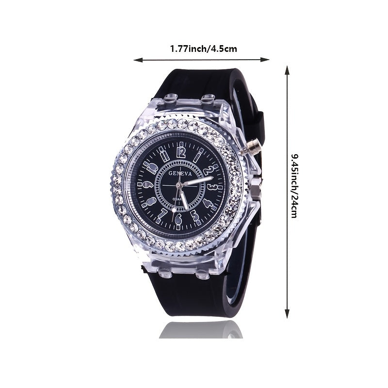 Luminous Watch Rhinestone LED Flash Couple Silicone For Women Unisex Round Quartz Sports Watch