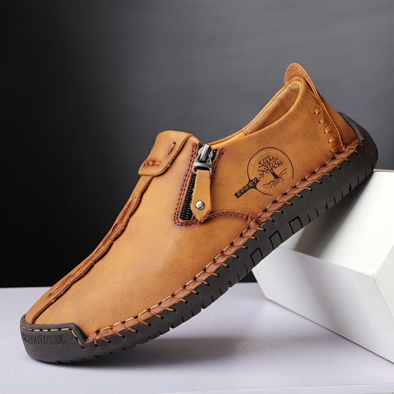 Men'S Vintage Loafers - Handmade Synthetic Shoes with Zipper Closure, Round Toe & Rubber Sole, Brown & Black Design for Casual & Formal Wear, Formal Footwear, Durable Footwear