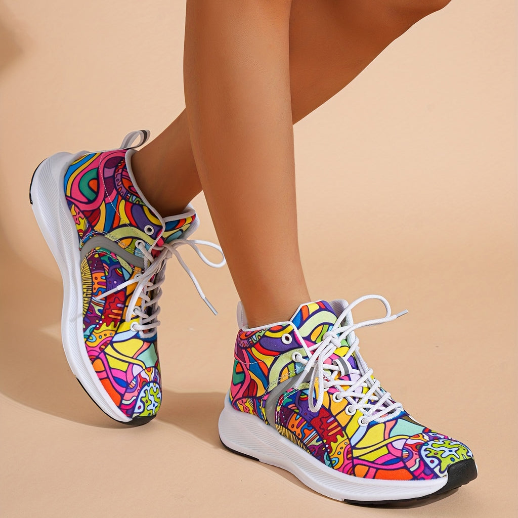 Hand-Painted Cartoon Print Women's Reflective Lace-Up High-Top Sneakers - Lightweight Winter-Ready Casual Shoes with Soft Fabric Upper & EVA/Rubber Sole for North American & Mexican Fashion
