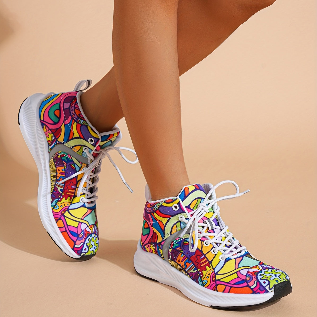 Hand-Painted Cartoon Print Women's Reflective Lace-Up High-Top Sneakers - Lightweight Winter-Ready Casual Shoes with Soft Fabric Upper & EVA/Rubber Sole for North American & Mexican Fashion
