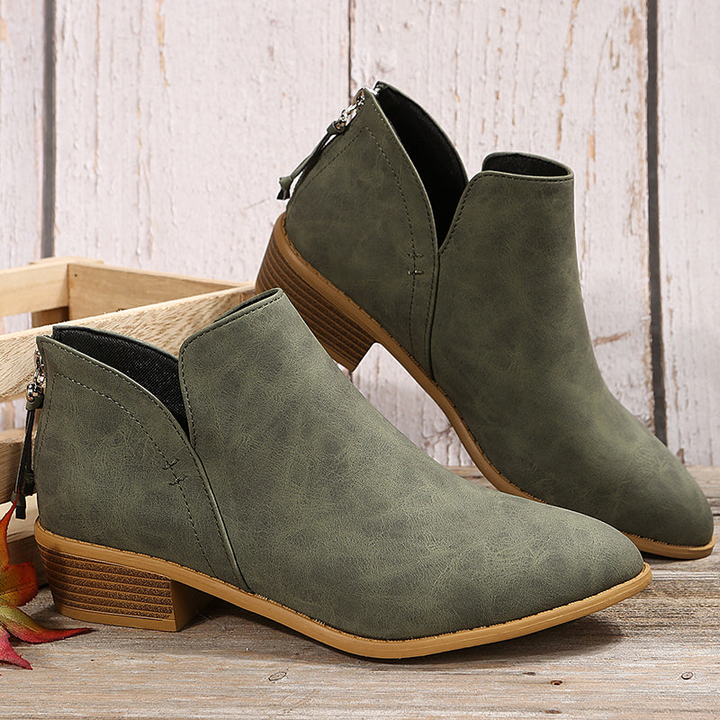 Women's Chunky Heeled Ankle V Cut Boots, Stacked Heeled Back Zipper Pointed Toe Shoes, Women's Footwear