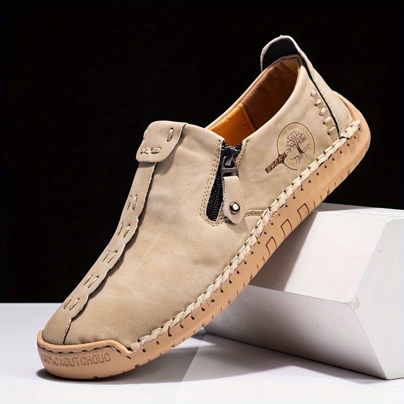 Men'S Vintage Loafers - Handmade Synthetic Shoes with Zipper Closure, Round Toe & Rubber Sole, Brown & Black Design for Casual & Formal Wear, Formal Footwear, Durable Footwear