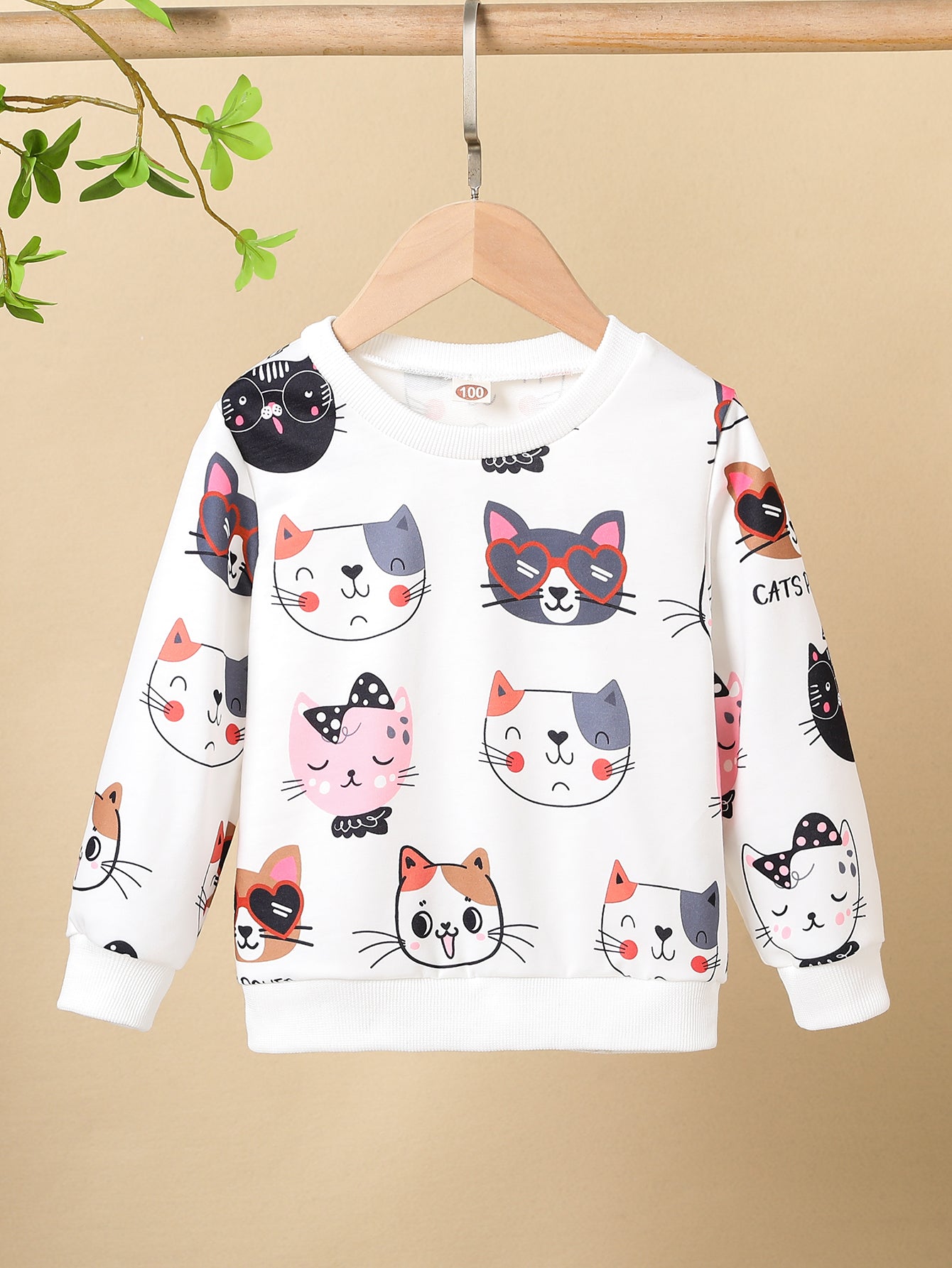 Girls Kitty Print Pullover Long Sleeve Crew Neck Sweatshirt Top Kids Fall Clothes