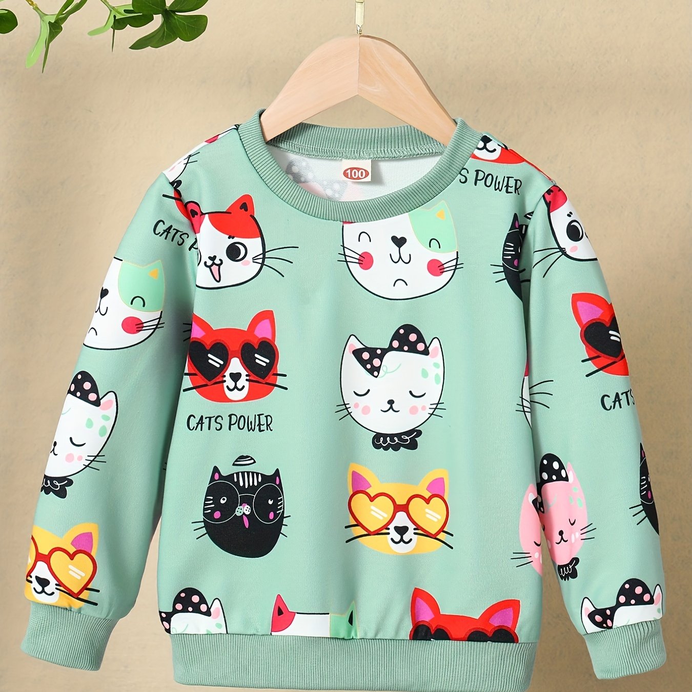 Girls Kitty Print Pullover Long Sleeve Crew Neck Sweatshirt Top Kids Fall Clothes