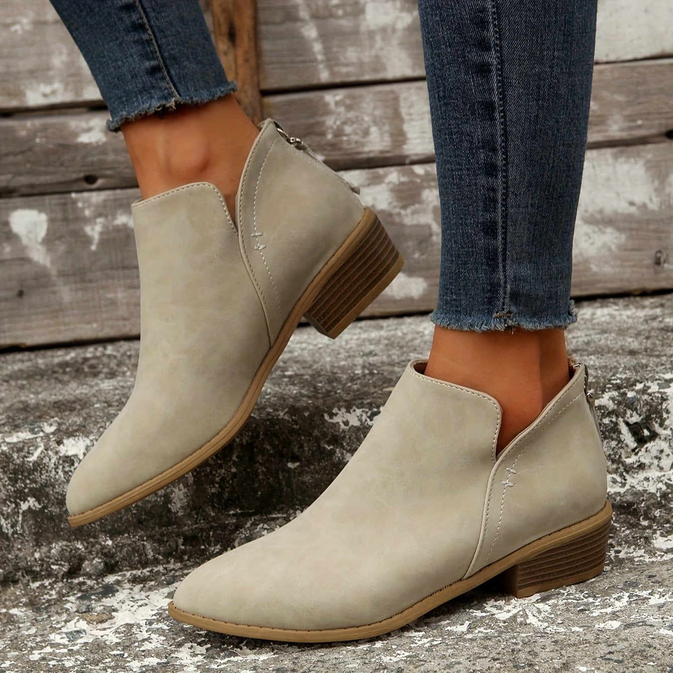 Women's Chunky Heeled Ankle V Cut Boots, Stacked Heeled Back Zipper Pointed Toe Shoes, Women's Footwear