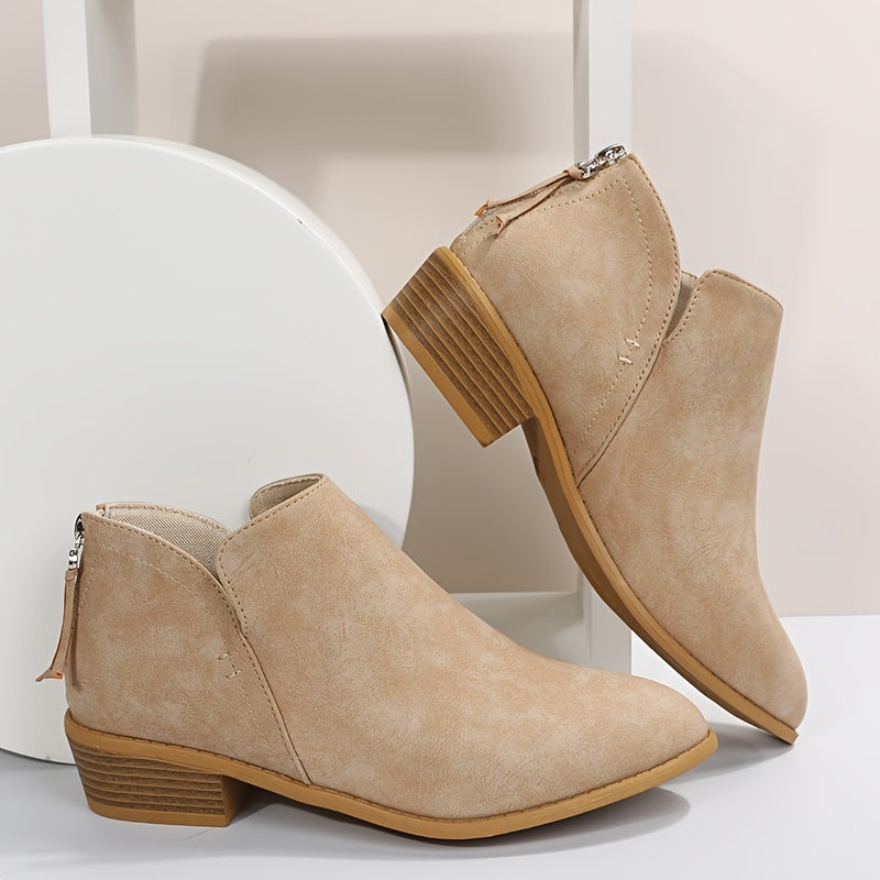 Women's Chunky Heeled Ankle V Cut Boots, Stacked Heeled Back Zipper Pointed Toe Shoes, Women's Footwear