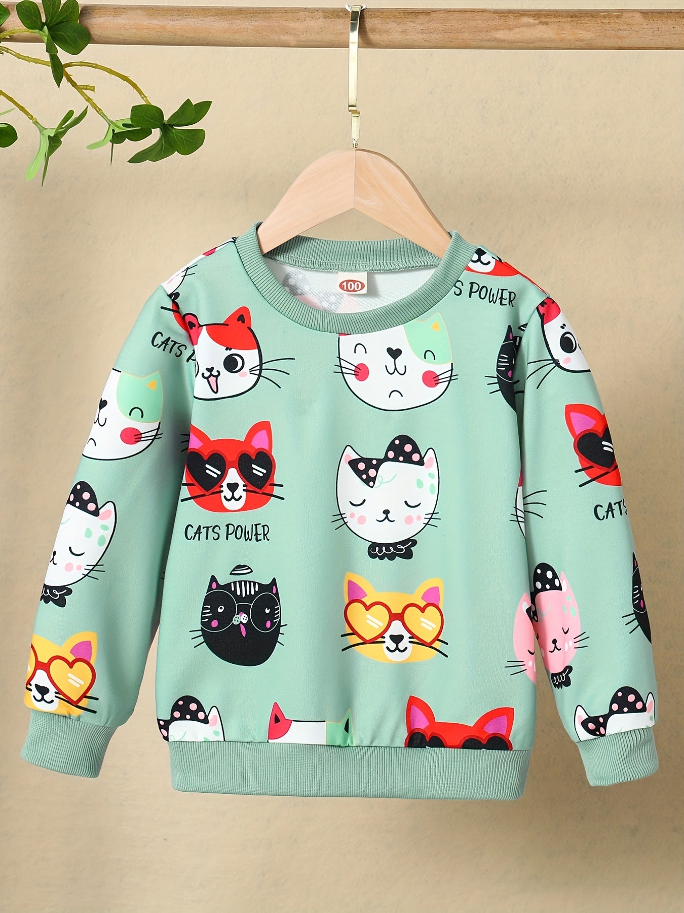 Girls Kitty Print Pullover Long Sleeve Crew Neck Sweatshirt Top Kids Fall Clothes