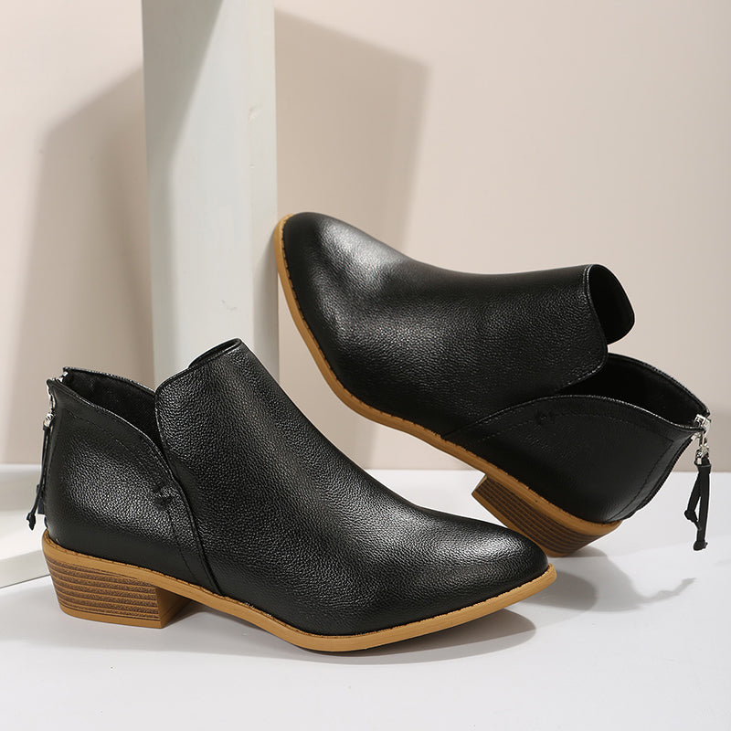 Women's Chunky Heeled Ankle V Cut Boots, Stacked Heeled Back Zipper Pointed Toe Shoes, Women's Footwear
