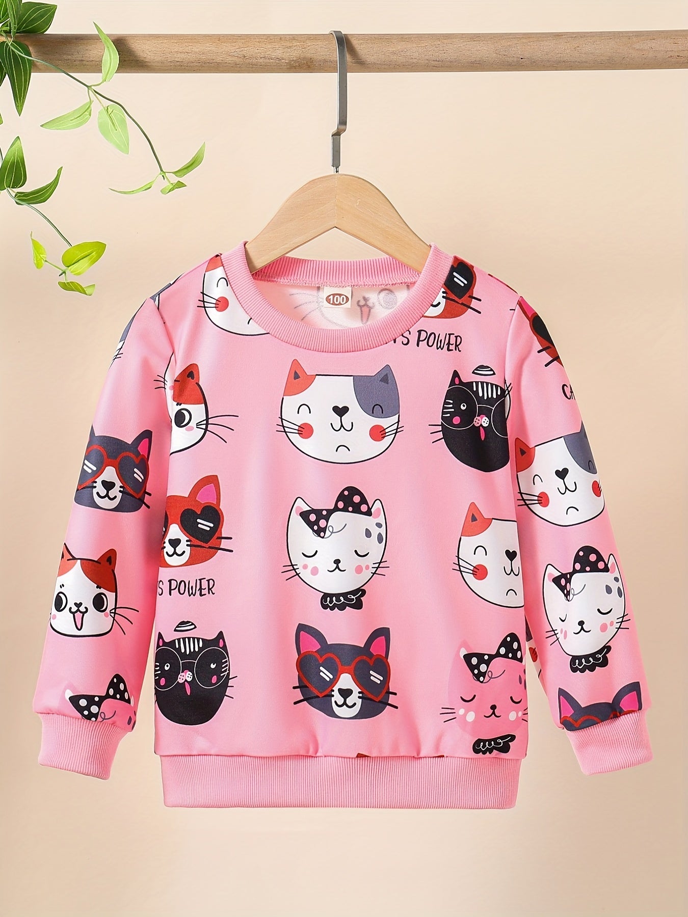 Girls Kitty Print Pullover Long Sleeve Crew Neck Sweatshirt Top Kids Fall Clothes