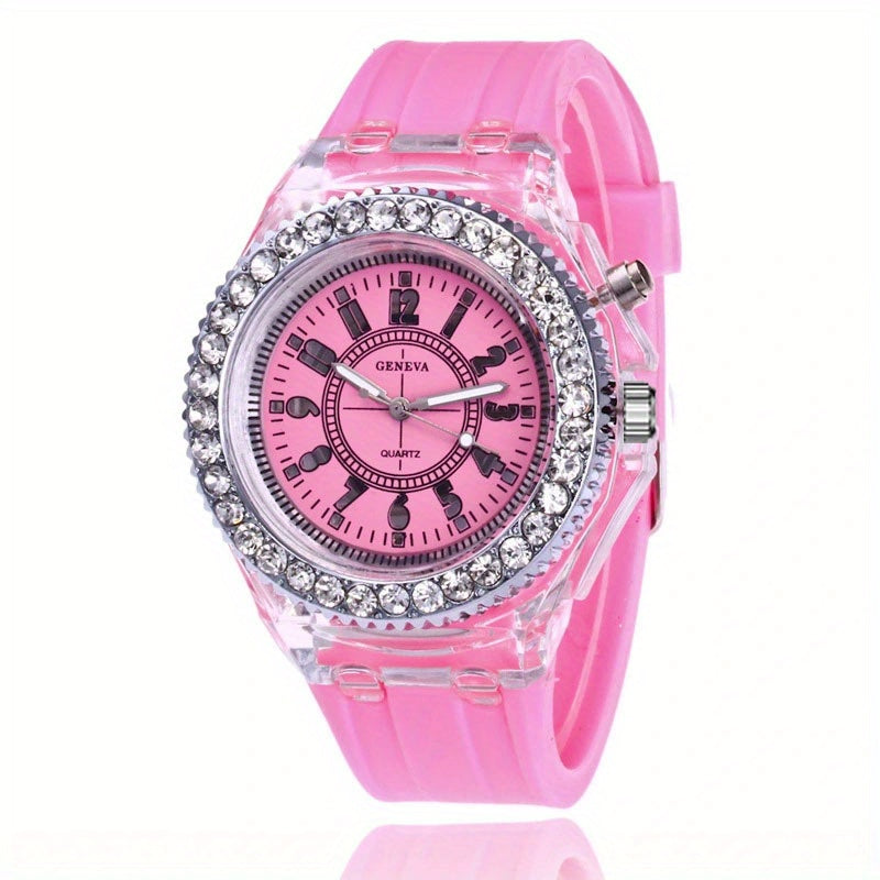 Luminous Watch Rhinestone LED Flash Couple Silicone For Women Unisex Round Quartz Sports Watch