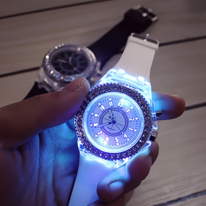 Luminous Watch Rhinestone LED Flash Couple Silicone For Women Unisex Round Quartz Sports Watch