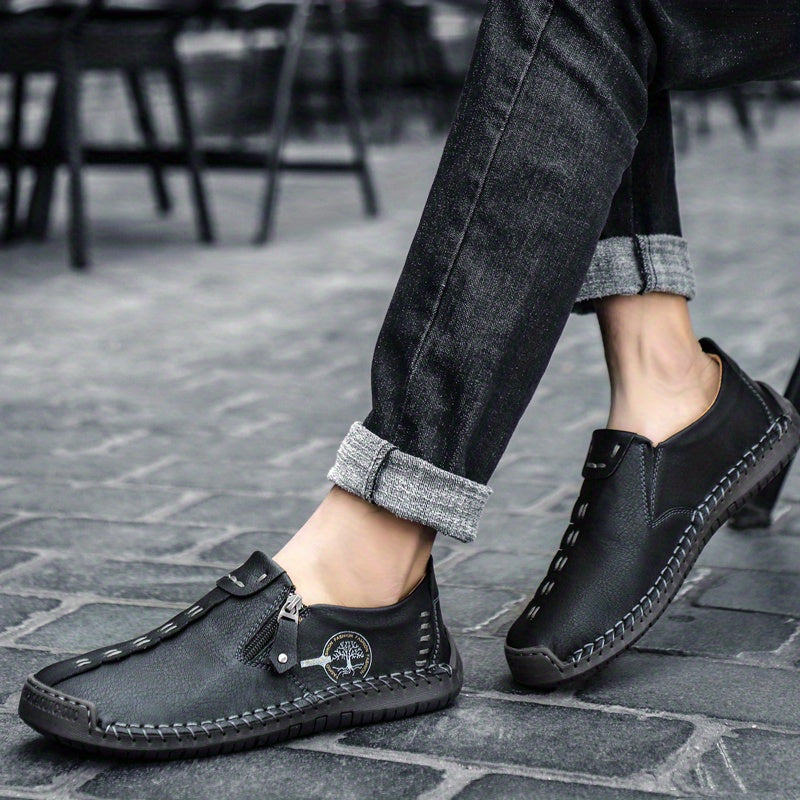 Men'S Vintage Loafers - Handmade Synthetic Shoes with Zipper Closure, Round Toe & Rubber Sole, Brown & Black Design for Casual & Formal Wear, Formal Footwear, Durable Footwear