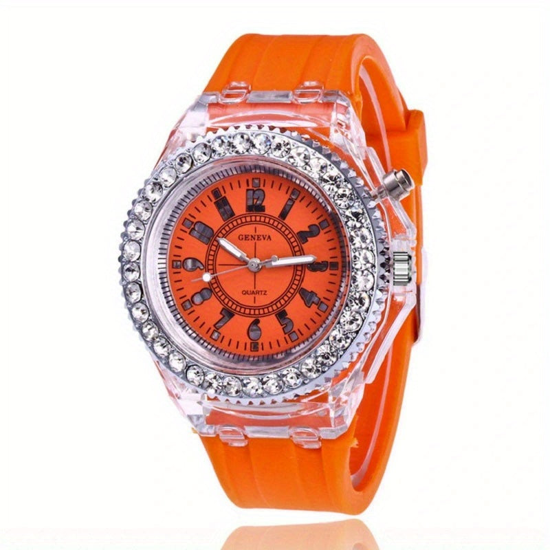Luminous Watch Rhinestone LED Flash Couple Silicone For Women Unisex Round Quartz Sports Watch