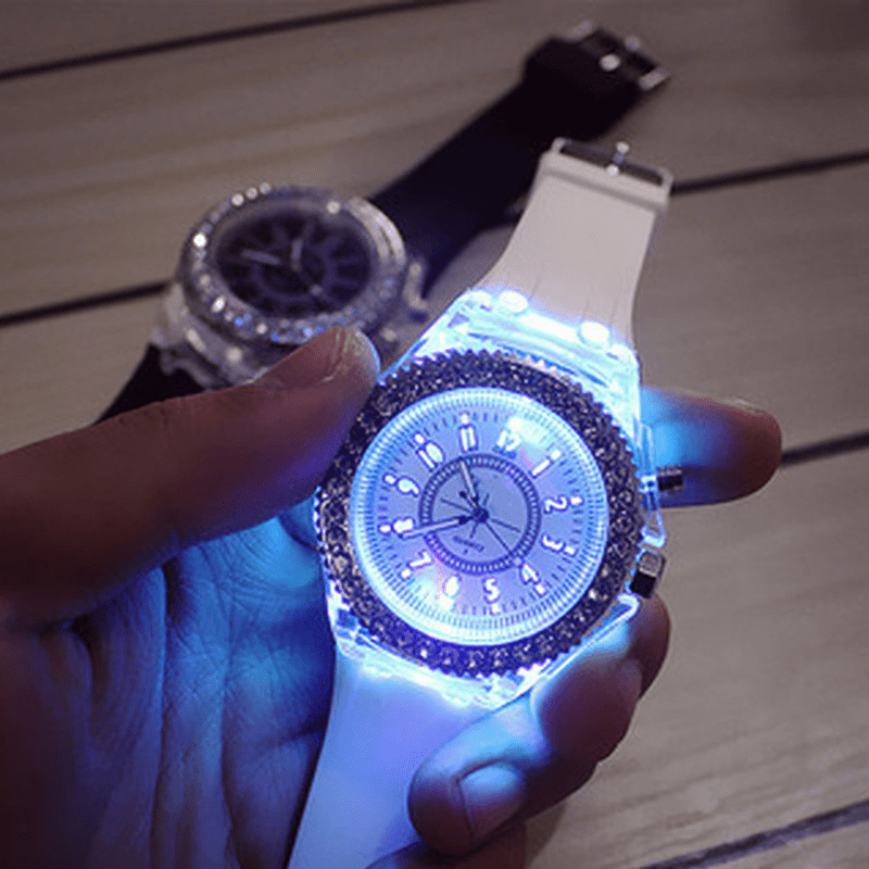 Luminous Watch Rhinestone LED Flash Couple Silicone For Women Unisex Round Quartz Sports Watch