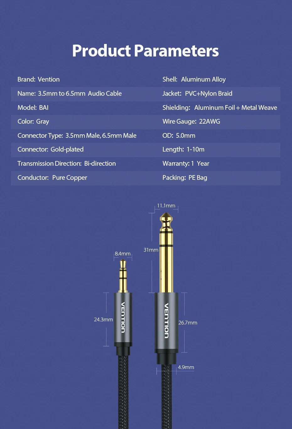 Vention Male to Male 3.5 mm to 6.35 mm Adapter Aux Cable for Mixer Amplifier Gold Plated 3.5 Jack to 6.5 Jack 3m 5m 10m Aux Cabo