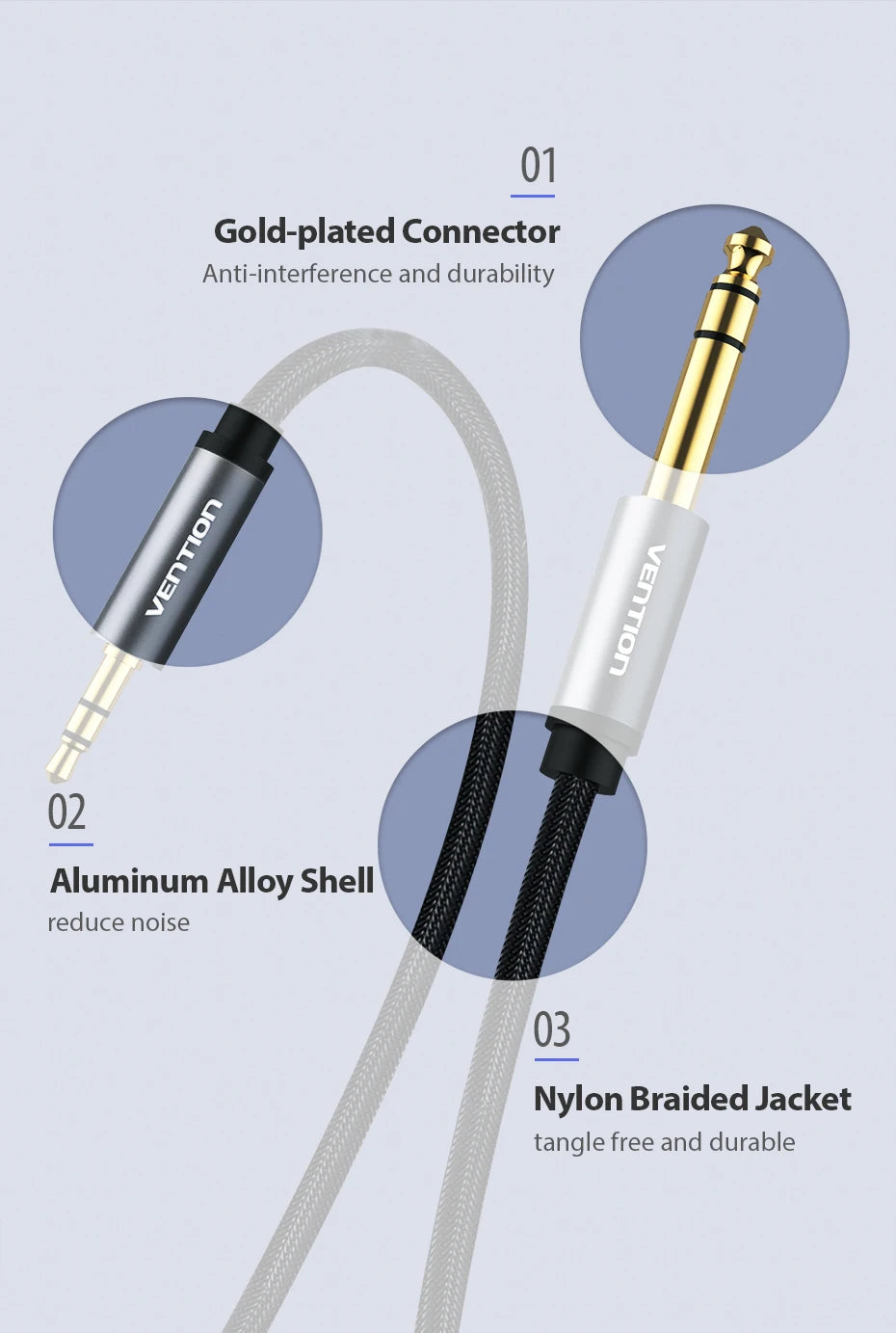 Vention Male to Male 3.5 mm to 6.35 mm Adapter Aux Cable for Mixer Amplifier Gold Plated 3.5 Jack to 6.5 Jack 3m 5m 10m Aux Cabo
