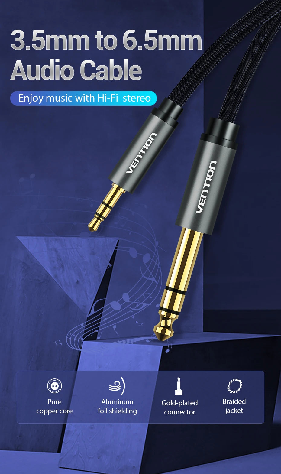 Vention Male to Male 3.5 mm to 6.35 mm Adapter Aux Cable for Mixer Amplifier Gold Plated 3.5 Jack to 6.5 Jack 3m 5m 10m Aux Cabo
