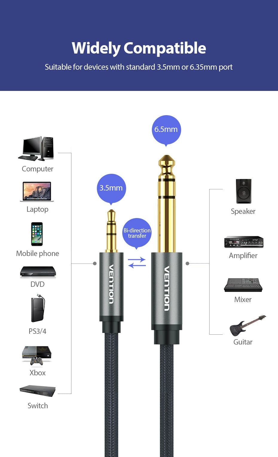 Vention Male to Male 3.5 mm to 6.35 mm Adapter Aux Cable for Mixer Amplifier Gold Plated 3.5 Jack to 6.5 Jack 3m 5m 10m Aux Cabo