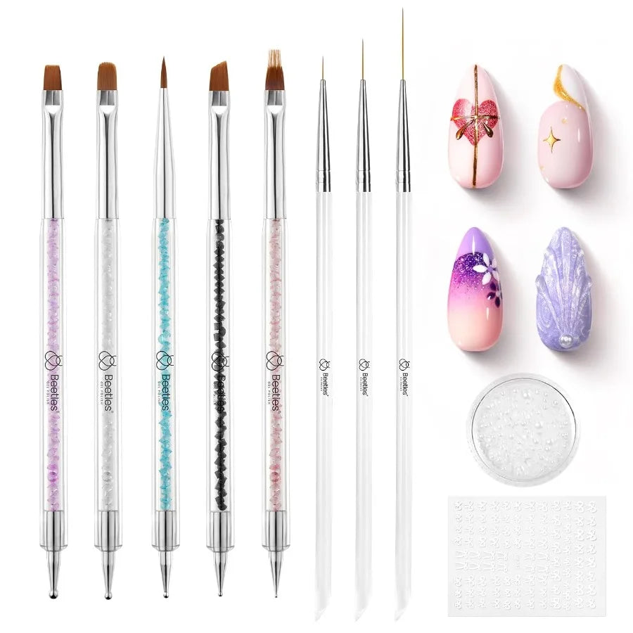 Beetles Nail Art Brushes 8pcs Doubleed Nail Art Tool Set Nail Dotting Tools Striping Nail Art Brushes for Lines Nail Drawing Pe