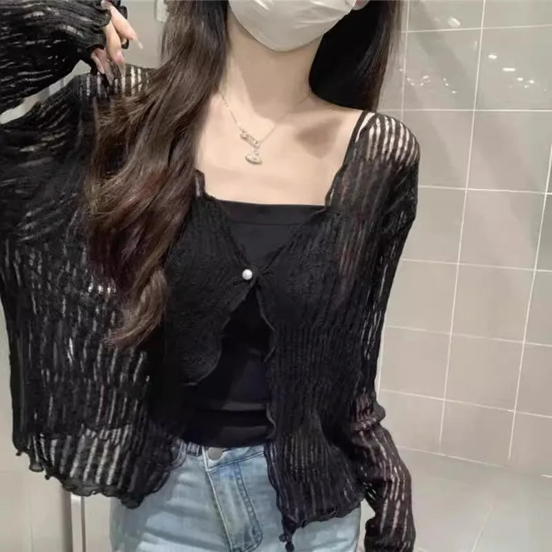 Long Sleeve Knitted Cardigan Women Summer Short Thin Loose Hollow Out Edible Tree Fungus Korean Style V-neck Sun Protection Tops