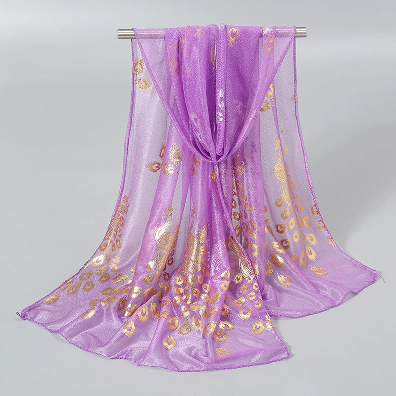 Elegant Peacock Printed Hijab Gold Glitter Polyester Scarf For Woman Solid Color Shawls Summer Sun Protection Headband 170*60cm