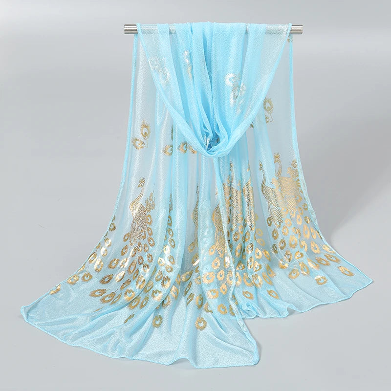 Elegant Peacock Printed Hijab Gold Glitter Polyester Scarf For Woman Solid Color Shawls Summer Sun Protection Headband 170*60cm