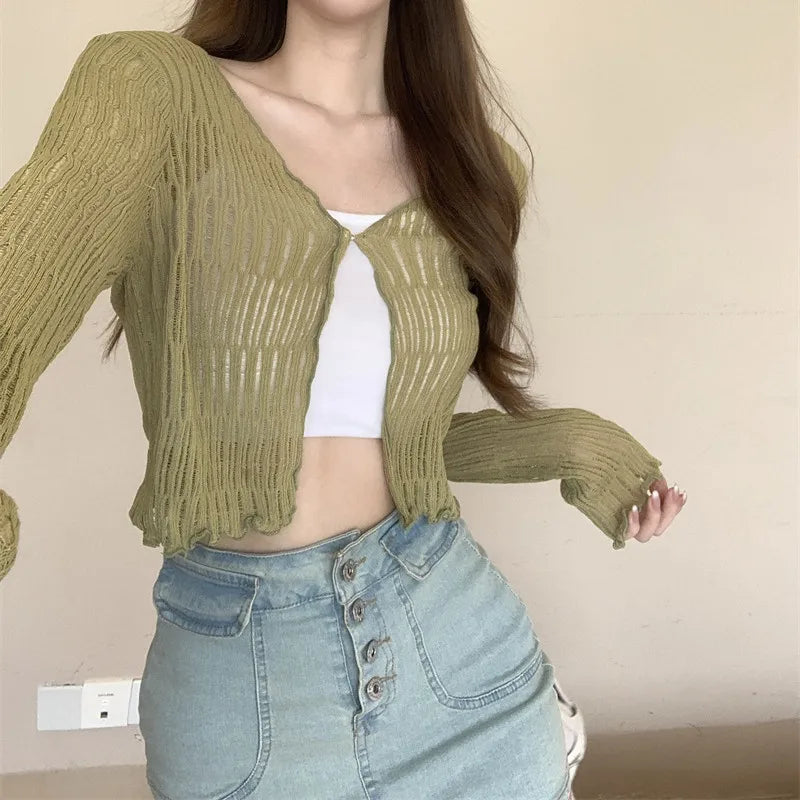 Long Sleeve Knitted Cardigan Women Summer Short Thin Loose Hollow Out Edible Tree Fungus Korean Style V-neck Sun Protection Tops