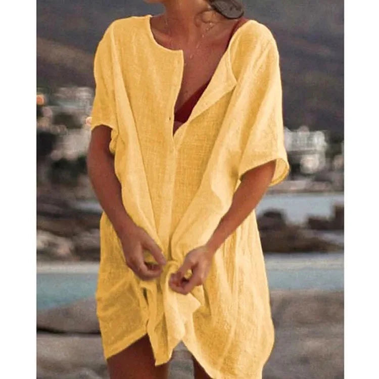 Women's shirt, multi color, multi size, medium length, loose fitting solid color, short sleeved shirt, beach sun protection for