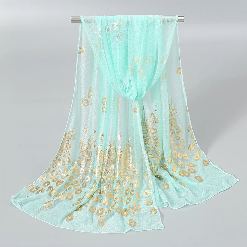 Elegant Peacock Printed Hijab Gold Glitter Polyester Scarf For Woman Solid Color Shawls Summer Sun Protection Headband 170*60cm